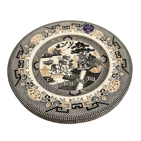 Royal Stafford Black Gold Asian Garden Willow Pagoda Dinner Plates Set of 4 New - Picture 8 of 16